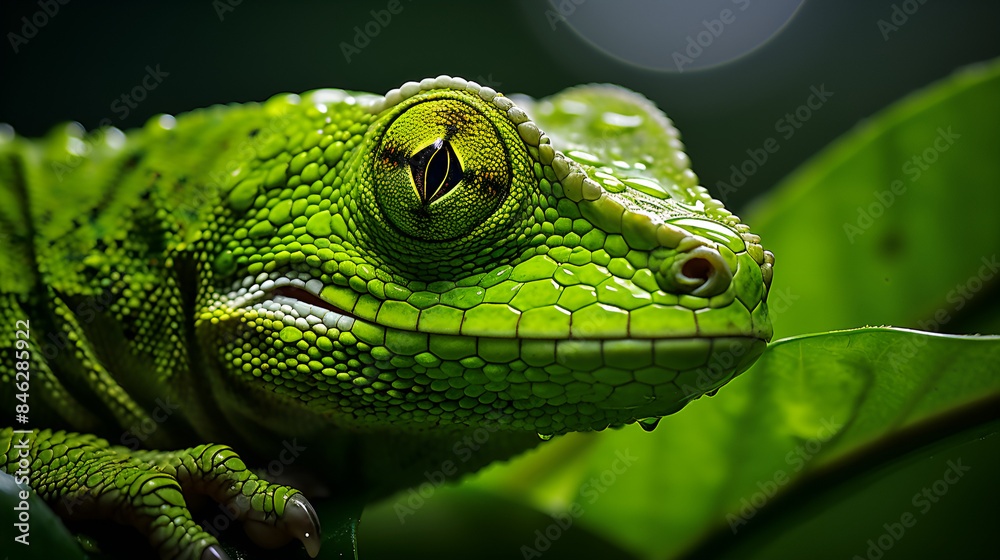 Fototapeta premium A green lizard with a black spot on the eye