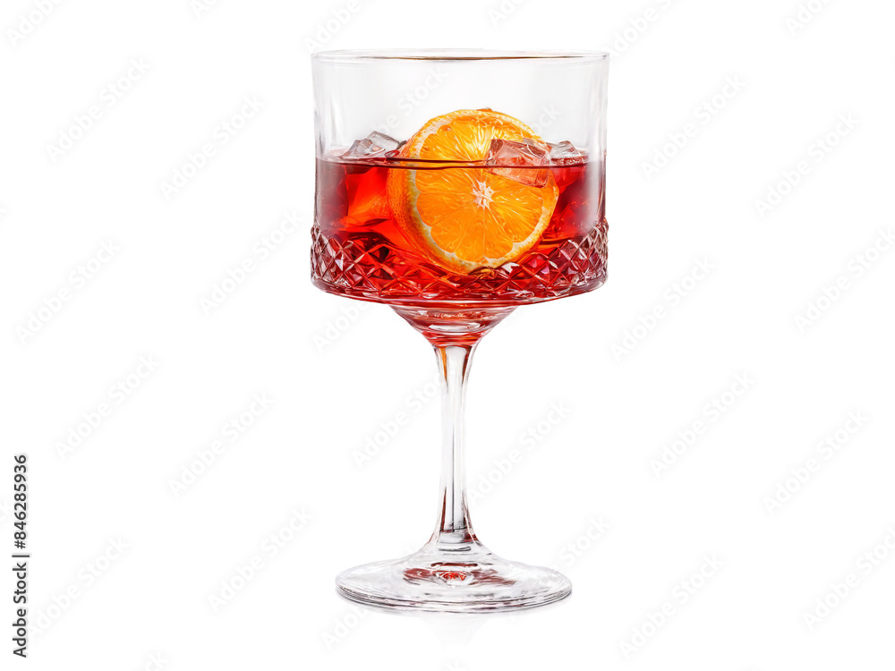 Negroni An elegant old fashioned glass with deep red liquid large ice cube and orange Negroni An elegant old fashioned glass with deep red liquid large ice cube and orange