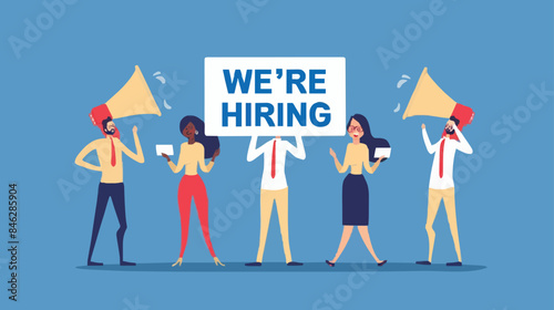 HR recruiting announcement we are hiring advertisement, human resources or employer looking for candidate for job vacancy concept, business people HR with megaphone holding we are hiring sign. Design 