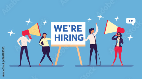 HR recruiting announcement we are hiring advertisement, human resources or employer looking for candidate for job vacancy concept, business people HR with megaphone holding we are hiring sign. Design 