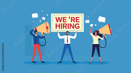 HR recruiting announcement we are hiring advertisement, human resources or employer looking for candidate for job vacancy concept, business people HR with megaphone holding we are hiring sign. Design 