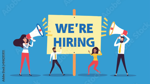 HR recruiting announcement we are hiring advertisement, human resources or employer looking for candidate for job vacancy concept, business people HR with megaphone holding we are hiring sign. Design 