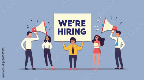 HR recruiting announcement we are hiring advertisement, human resources or employer looking for candidate for job vacancy concept, business people HR with megaphone holding we are hiring sign. Design 