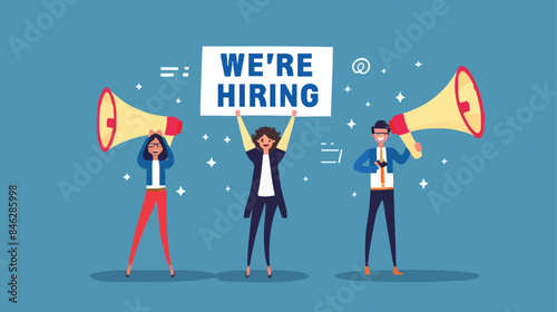 HR recruiting announcement we are hiring advertisement, human resources or employer looking for candidate for job vacancy concept, business people HR with megaphone holding we are hiring sign. Design 