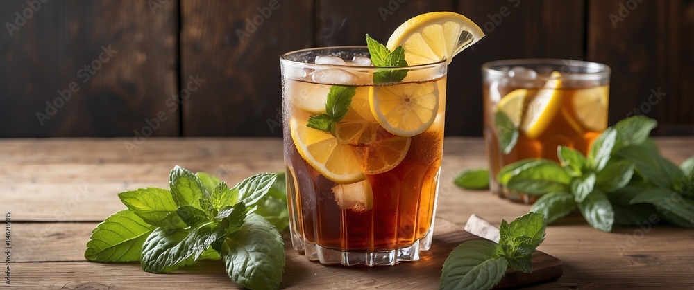 Refreshing iced tea with lemon and mint on a rustic wooden table, perfect for summer and outdoor events Refreshing iced tea with lemon and mint on a rustic wooden table, perfect for summer and outdoor events