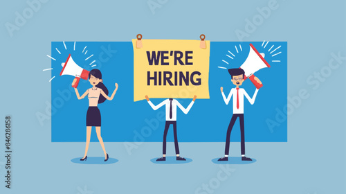 HR recruiting announcement we are hiring advertisement, human resources or employer looking for candidate for job vacancy concept, business people HR with megaphone holding we are hiring sign. Design 