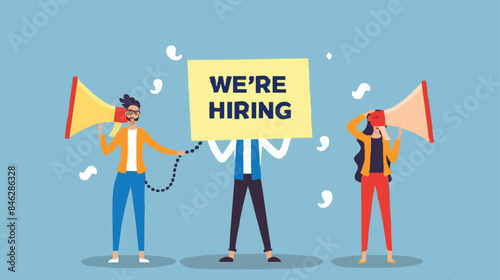 HR recruiting announcement we are hiring advertisement, human resources or employer looking for candidate for job vacancy concept, business people HR with megaphone holding we are hiring sign. Design 
