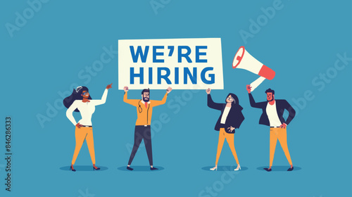 HR recruiting announcement we are hiring advertisement, human resources or employer looking for candidate for job vacancy concept, business people HR with megaphone holding we are hiring sign. Design 