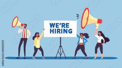 HR recruiting announcement we are hiring advertisement, human resources or employer looking for candidate for job vacancy concept, business people HR with megaphone holding we are hiring sign. Design 