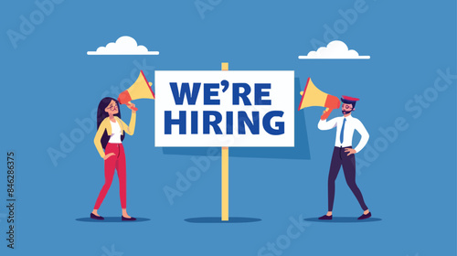 HR recruiting announcement we are hiring advertisement, human resources or employer looking for candidate for job vacancy concept, business people HR with megaphone holding we are hiring sign. Design 