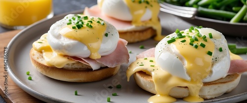 A delicious breakfast of eggs Benedict with ham, topped with hollandaise sauce and chives Perfect for brunch, special occasions, and gourmet dining