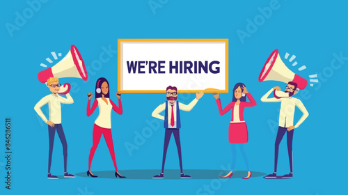 HR recruiting announcement we are hiring advertisement, human resources or employer looking for candidate for job vacancy concept, business people HR with megaphone holding we are hiring sign. Design 