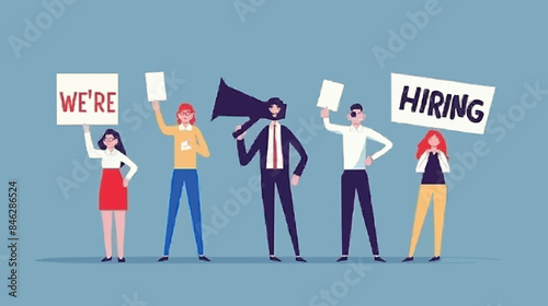 HR recruiting announcement we are hiring advertisement, human resources or employer looking for candidate for job vacancy concept, business people HR with megaphone holding we are hiring sign. Design 