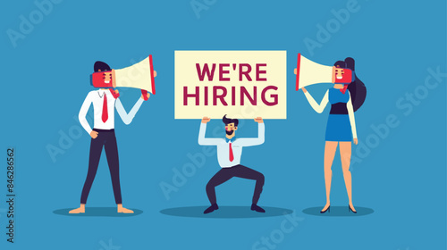 HR recruiting announcement we are hiring advertisement, human resources or employer looking for candidate for job vacancy concept, business people HR with megaphone holding we are hiring sign. Design 