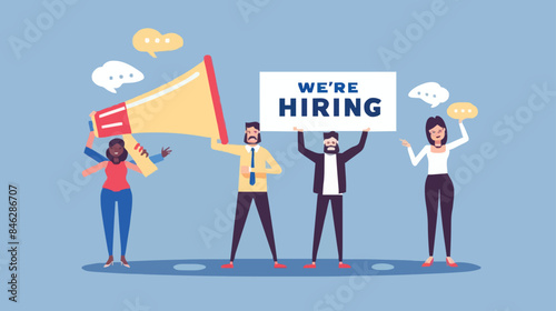 HR recruiting announcement we are hiring advertisement, human resources or employer looking for candidate for job vacancy concept, business people HR with megaphone holding we are hiring sign. Design 