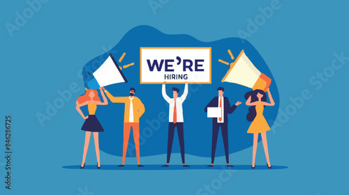 HR recruiting announcement we are hiring advertisement, human resources or employer looking for candidate for job vacancy concept, business people HR with megaphone holding we are hiring sign. Design 