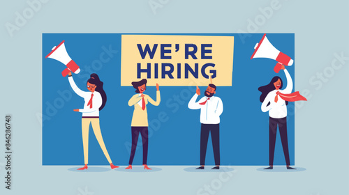 HR recruiting announcement we are hiring advertisement, human resources or employer looking for candidate for job vacancy concept, business people HR with megaphone holding we are hiring sign. Design 