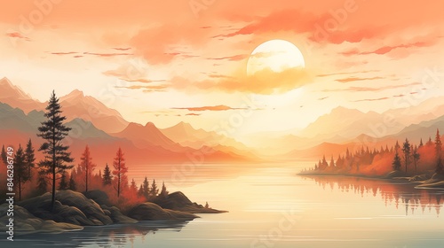 Majestic Sunset Over Serene Lake Surrounded by Mountains and Trees