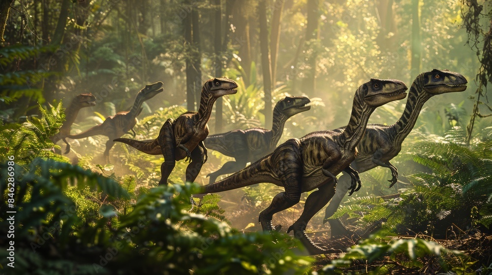 A group of Velociraptors hunting in a dense forest A group of Velociraptors hunting in a dense forest