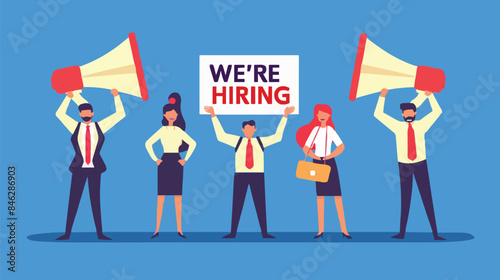 HR recruiting announcement we are hiring advertisement, human resources or employer looking for candidate for job vacancy concept, business people HR with megaphone holding we are hiring sign. Design 