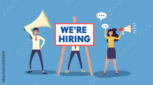 HR recruiting announcement we are hiring advertisement, human resources or employer looking for candidate for job vacancy concept, business people HR with megaphone holding we are hiring sign. Design 