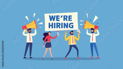 HR recruiting announcement we are hiring advertisement, human resources or employer looking for candidate for job vacancy concept, business people HR with megaphone holding we are hiring sign. Design 