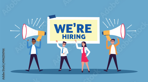 HR recruiting announcement we are hiring advertisement, human resources or employer looking for candidate for job vacancy concept, business people HR with megaphone holding we are hiring sign. Design 