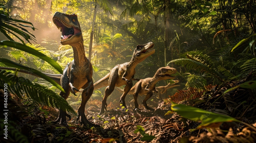 A group of Velociraptors hunting in a dense forest A group of Velociraptors hunting in a dense forest
