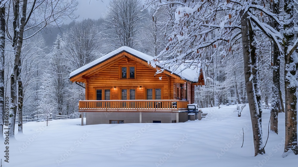 Cozy wooden cabin in a snowy forest during winter Cozy wooden cabin in a snowy forest during winter