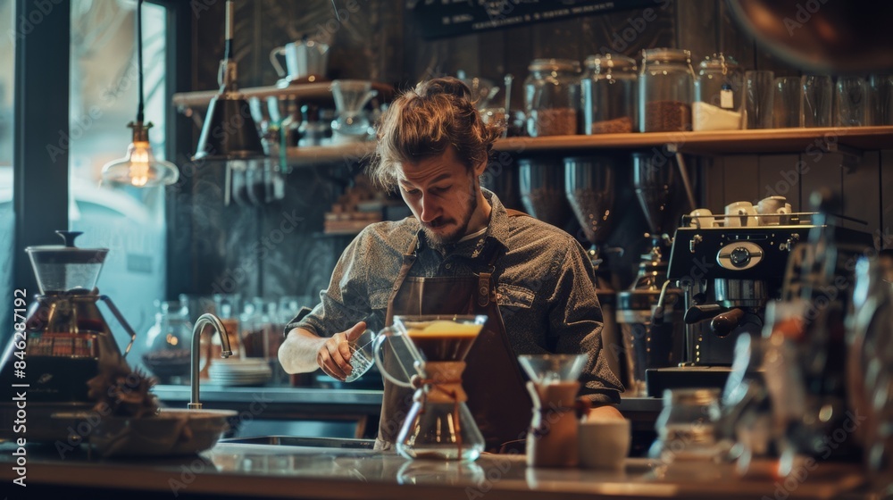 A barista man making a coffee in the cafe A barista man making a coffee in the cafe