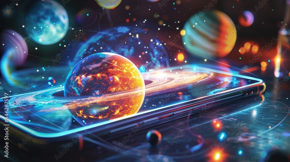 A digital graphic of a smartphone projecting 3D holograms of space and planets
