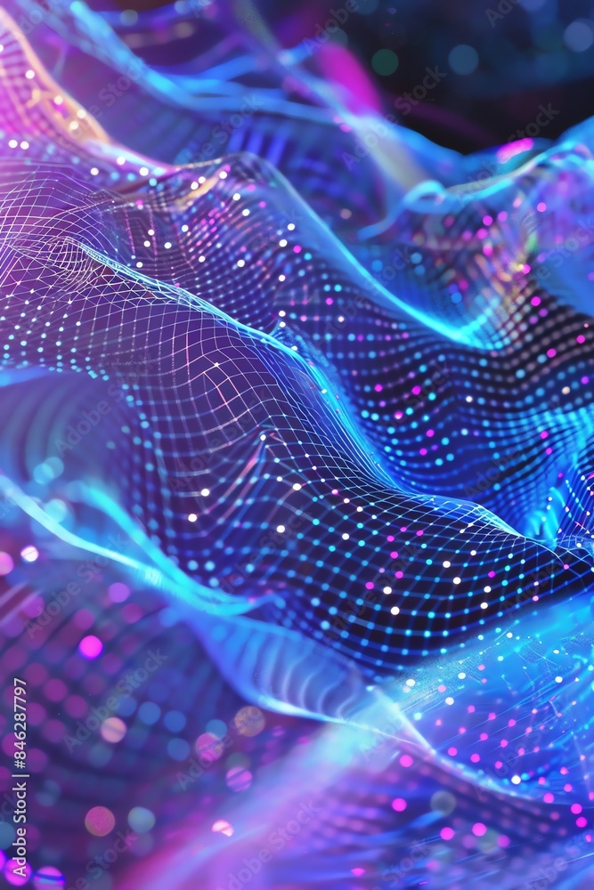 Fototapeta premium Flowing digital data stream, blue and violet gradient, wireframe mesh, futuristic cyberspace, soft glow,watercolor