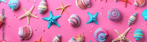 Vibrant sea shells and starfish scattered on bright pink, playful cartoon style, overhead view,hand drawing photo