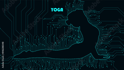 Circuit Board Form Woman Yoga Poses It shows a silhouette of a woman in a yoga pose.The woman is in Vrksasana pose,also known as Tree Pose.This is a balancing pose that strengthens the legs,ankle,core