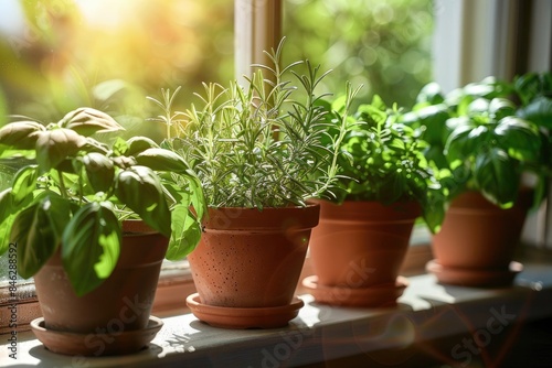 A close-up shot of a herb garden, with aromatic basil, rosemary, and thyme plants thriving in pots on a sun-drenched windowsill. © aqsa