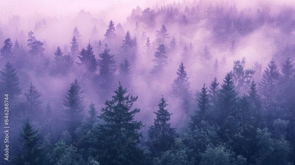 Mystical forest covered in purple mist at sunrise Mystical forest covered in purple mist at sunrise