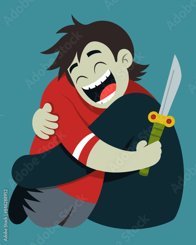 The joyful hug quickly turned sinister as the attackers hand gripped a hidden weapon.. Vector illustration