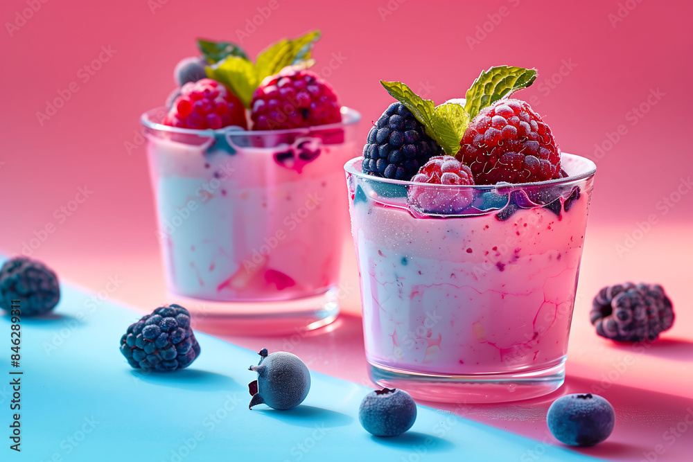 A creamy panna cotta in a glass topped with a layer of berry jelly. It is garnished with fresh raspberries and blackberries on a pastel pink background. A creamy panna cotta in a glass topped with a layer of berry jelly. It is garnished with fresh raspberries and blackberries on a pastel pink background.