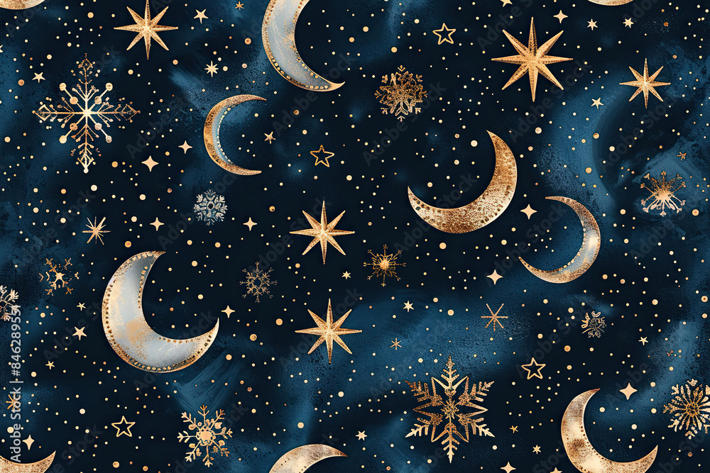 Fototapeta premium Celestial Moons and Stars Pattern, Mystical Cosmic Design