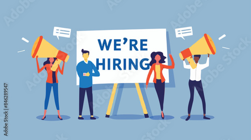 HR recruiting announcement we are hiring advertisement, human resources or employer looking for candidate for job vacancy concept, business people HR with megaphone holding we are hiring sign. design