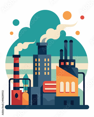 The sound of machinery humming and grinding fills the air accompanied by the stench of burning chemicals.. Vector illustration