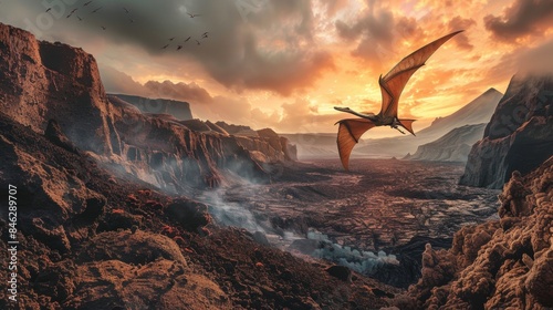 A Pterodactyl flying over a mountain landscape photo