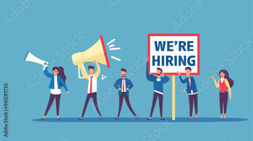 HR recruiting announcement we are hiring advertisement, human resources or employer looking for candidate for job vacancy concept, business people HR with megaphone holding we are hiring sign. design