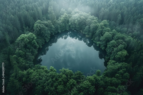 A large body of water surrounded by trees