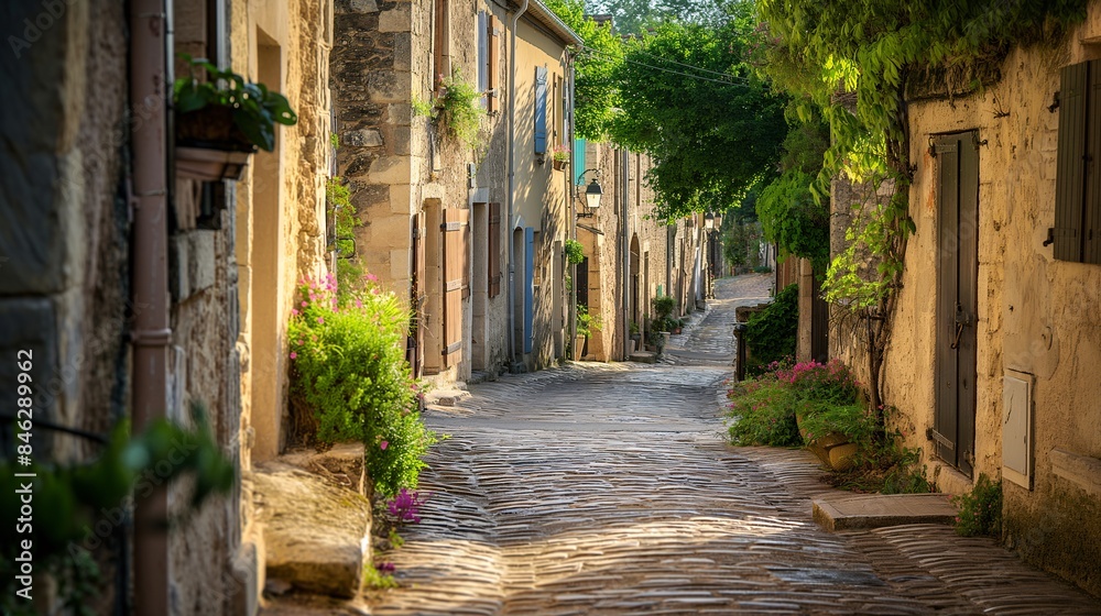Obraz premium A charming street in a historic European town with cobblestone paths.