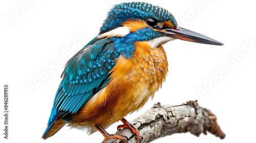 A detailed high-definition image of a kingfisher on a white backdrop.