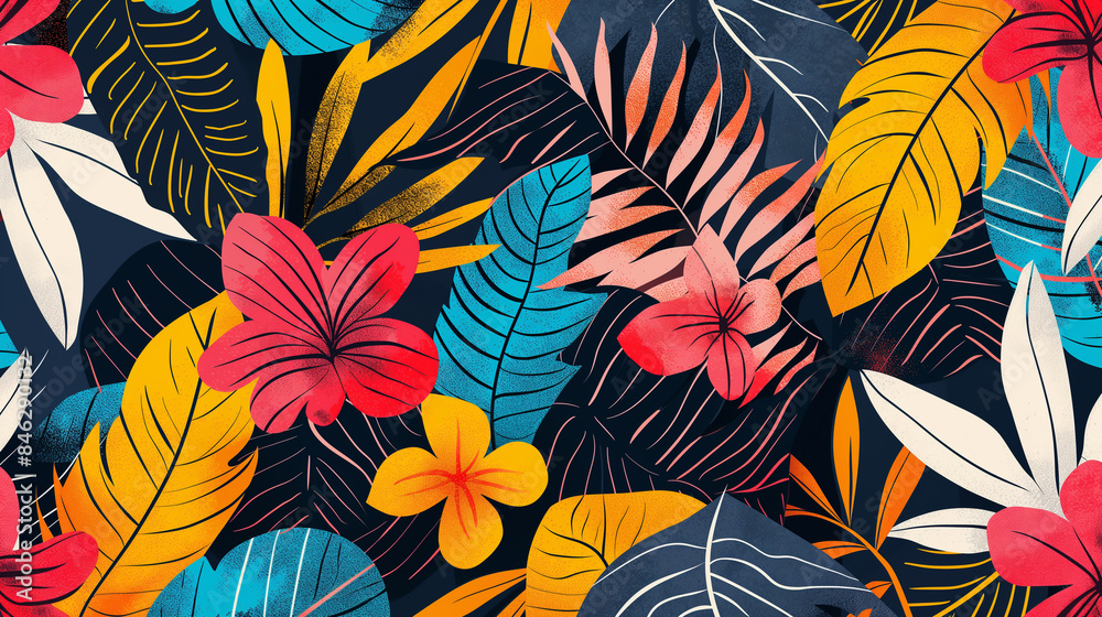 Abstract botanical pattern with colorful leaves and flowers. Digital art style. Abstract botanical pattern with colorful leaves and flowers. Digital art style.