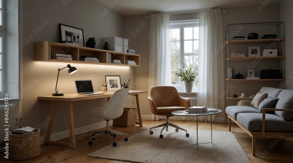 Fototapeta premium Scandinavian Office Design: Light Wood Desk & Functional Elegance