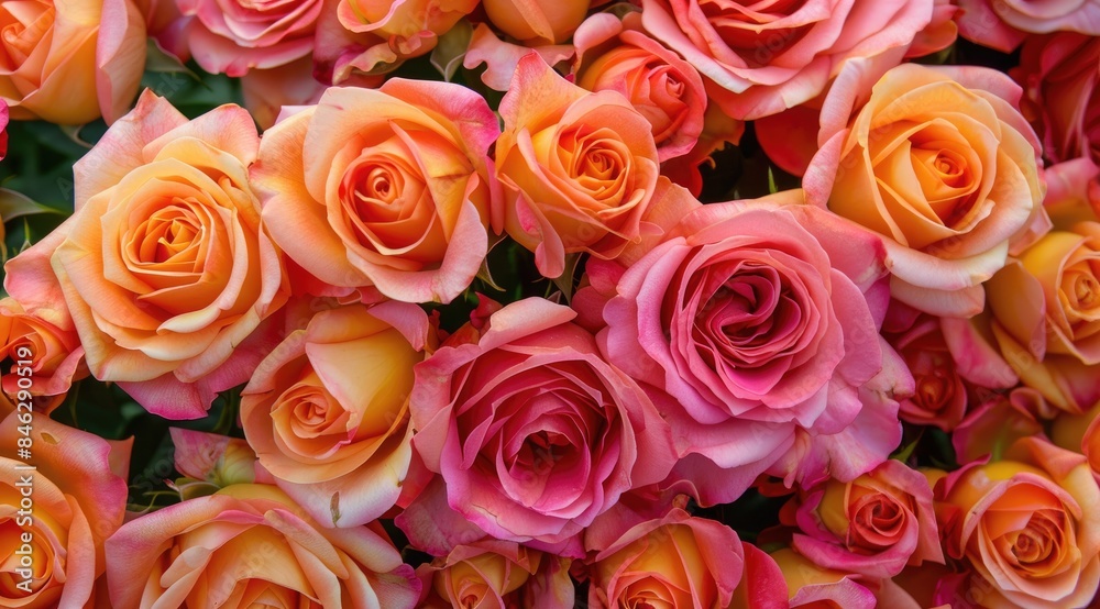 Close-up of beautiful, lush pink and orange roses, illustrating a romantic and vibrant floral pattern Close-up of beautiful, lush pink and orange roses, illustrating a romantic and vibrant floral pattern