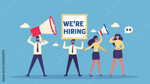 HR recruiting announcement we are hiring advertisement, human resources or employer looking for candidate for job vacancy concept, business people HR with megaphone holding we are hiring sign. design